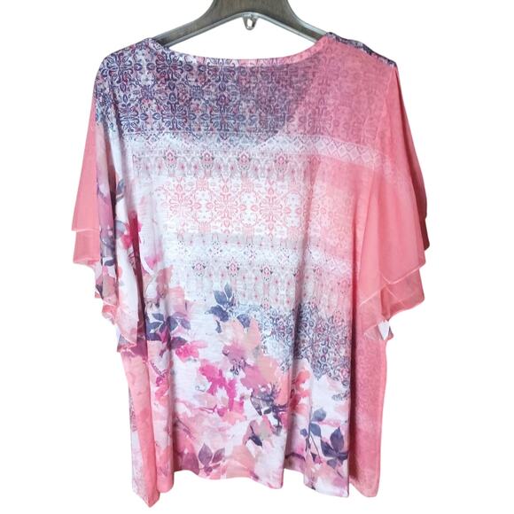 Rebecca Malone Women 2x Pink/ Purple Floral Sheer Flutter Sleeve Comfort Top - Picture 4 of 7